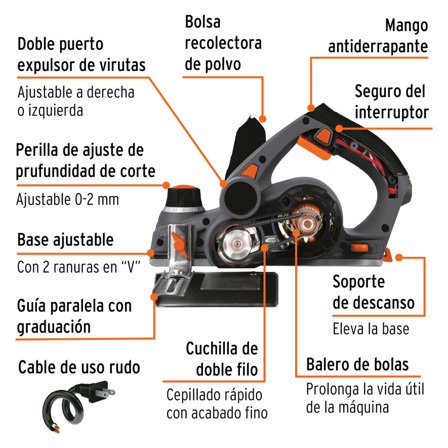 Cepillo eléctrico 3-1/4' 720 W, industrial, Truper, 13442