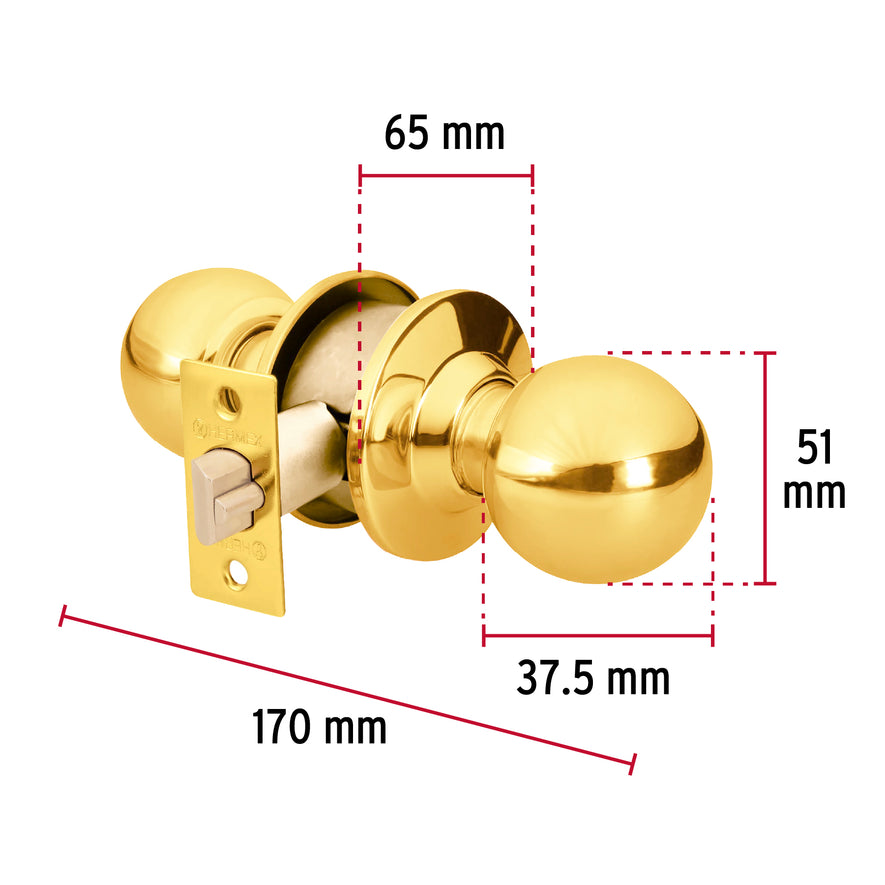 Cerradura tipo esfera para entrada, latón brillante, Hermex Caja con 3, 43472