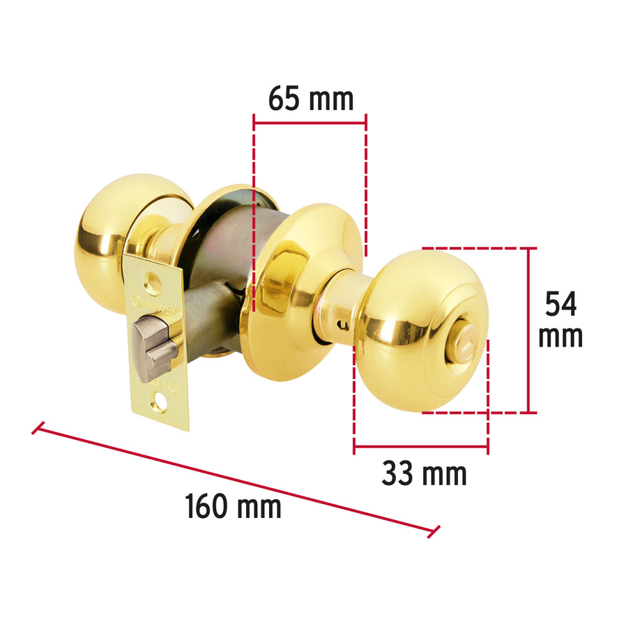 Cerradura tipo oval para recámara, latón brillante, Hermex Caja con 3, 43458