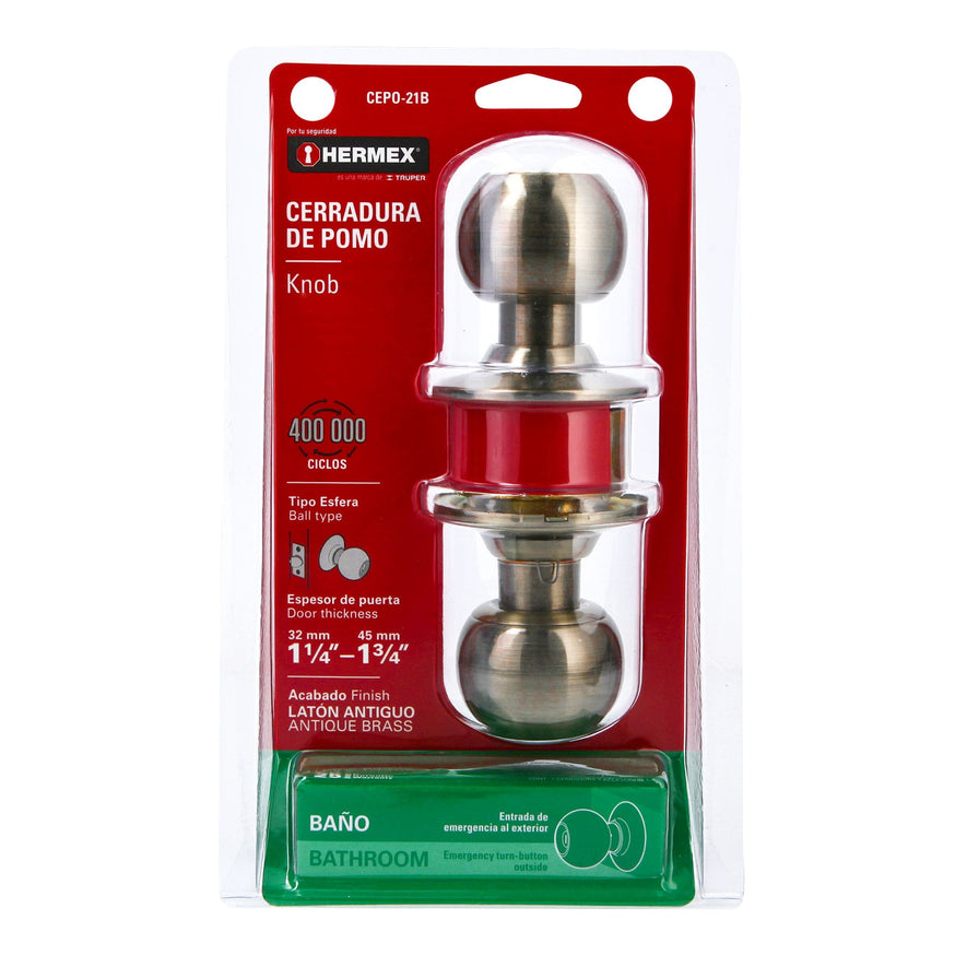 Cerradura tipo esfera para baño, latón antiguo, Hermex Caja con 3, 43468