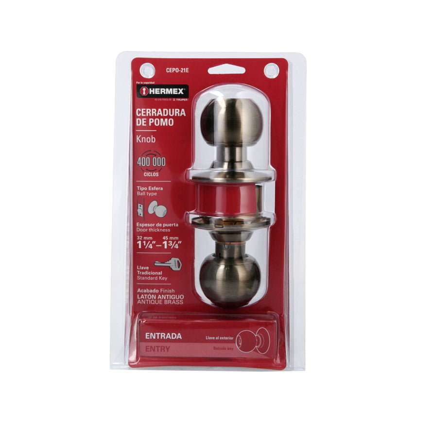 Cerradura tipo esfera para entrada, latón antiguo, Hermex Caja con 3, 43469