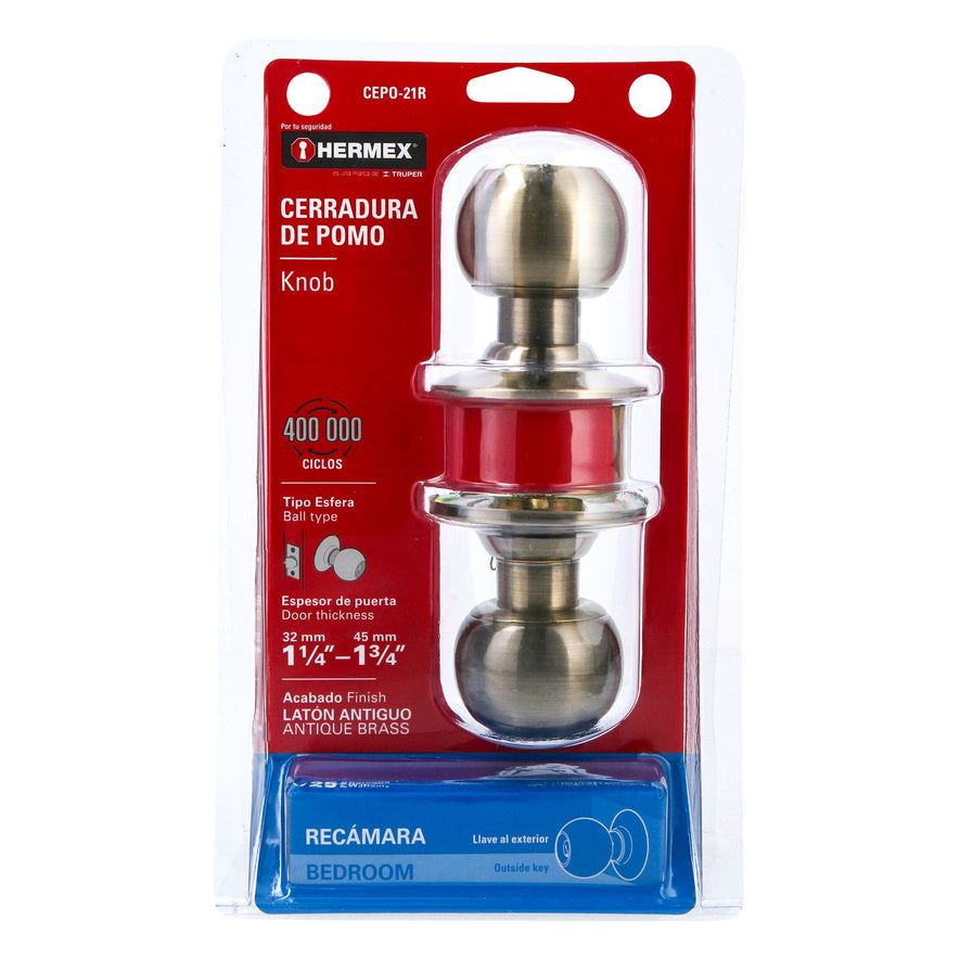 Cerradura tipo esfera para recámara, latón antiguo, Hermex Caja con 3, 43470