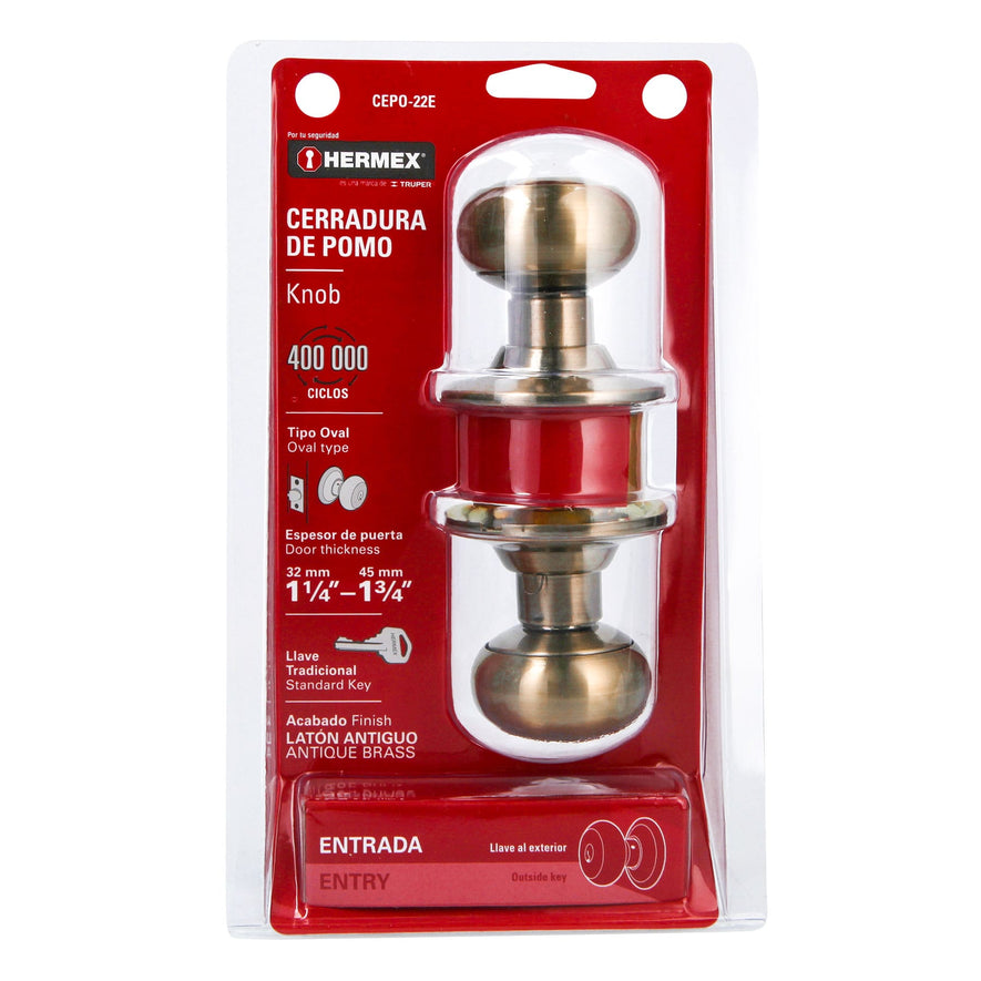 Cerradura tipo oval para entrada, latón antiguo, Hermex Caja con 3, 43454