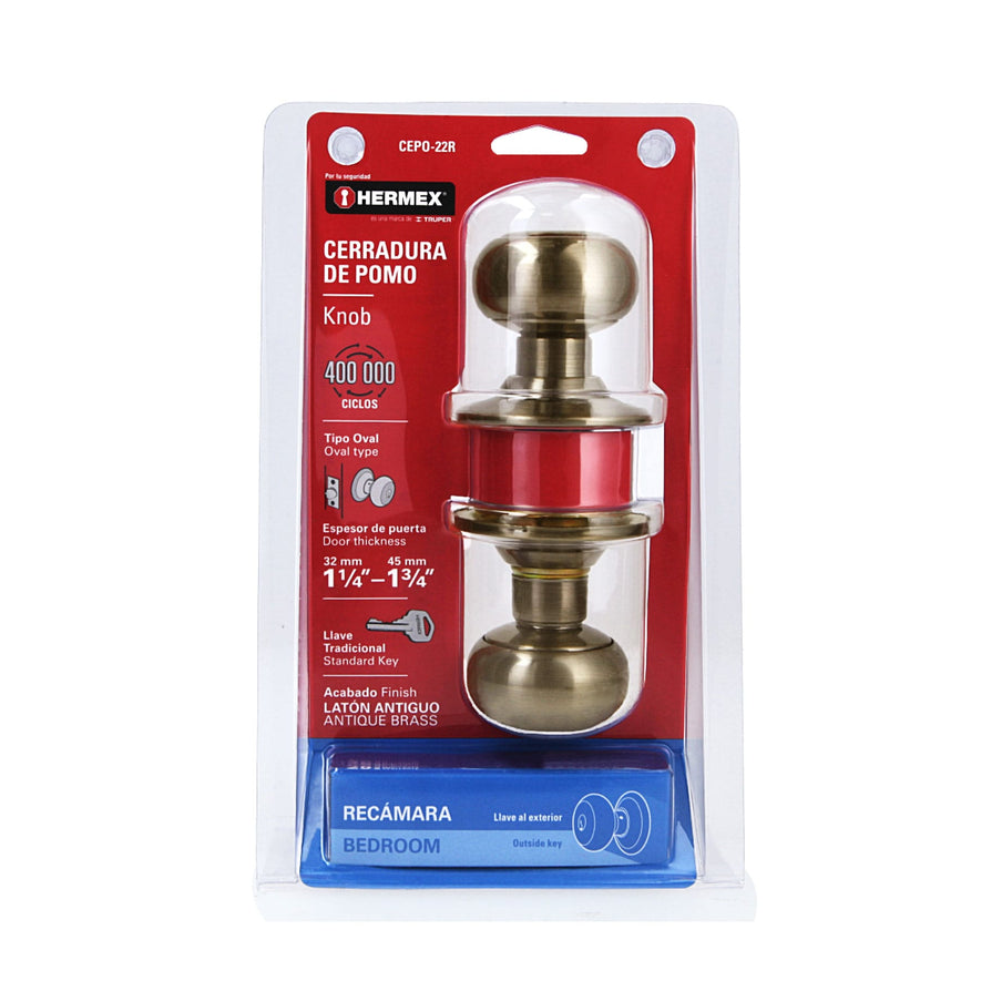 Cerradura tipo oval para recámara, latón antiguo, Hermex Caja con 3, 43455