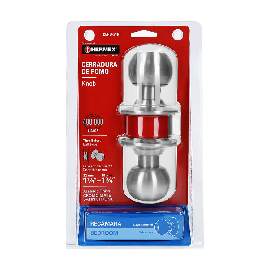 Cerradura tipo esfera para recámara, cromo mate, Hermex Caja con 3, 43464