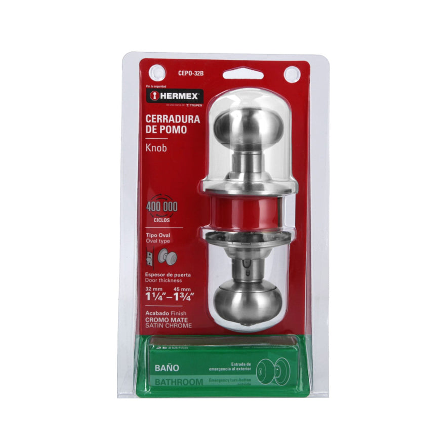 Cerradura tipo oval para baño, cromo mate, Hermex Caja con 3, 43450