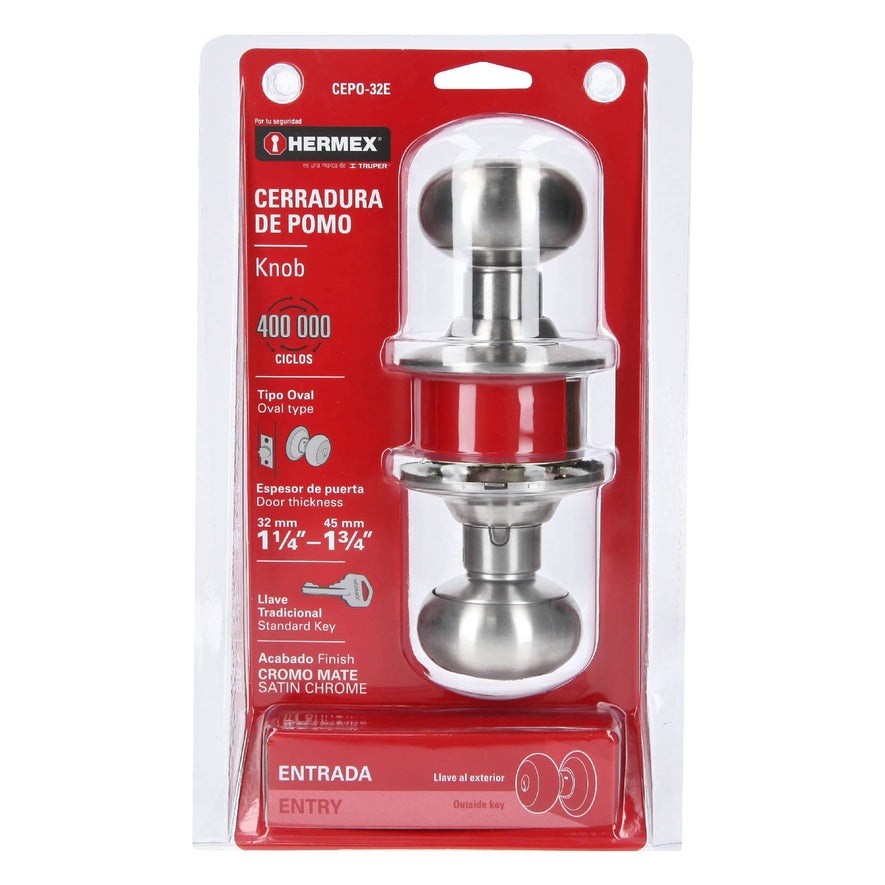 Cerradura tipo oval para entrada, cromo mate, Hermex Caja con 3, 43451