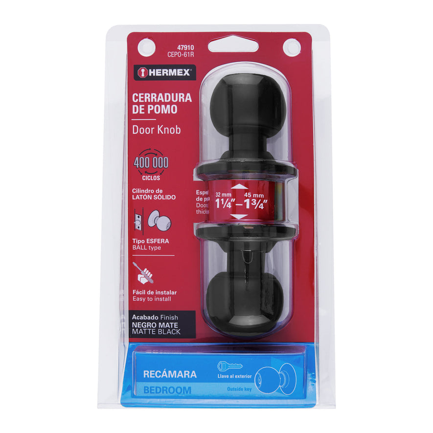 Cerradura pomo, negro, esfera, recámara, Hermex Caja con 3, 47910