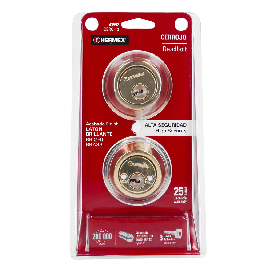 Cerrojo llave-llave latón brillante, llave de puntos, Hermex Caja con 3, 43592