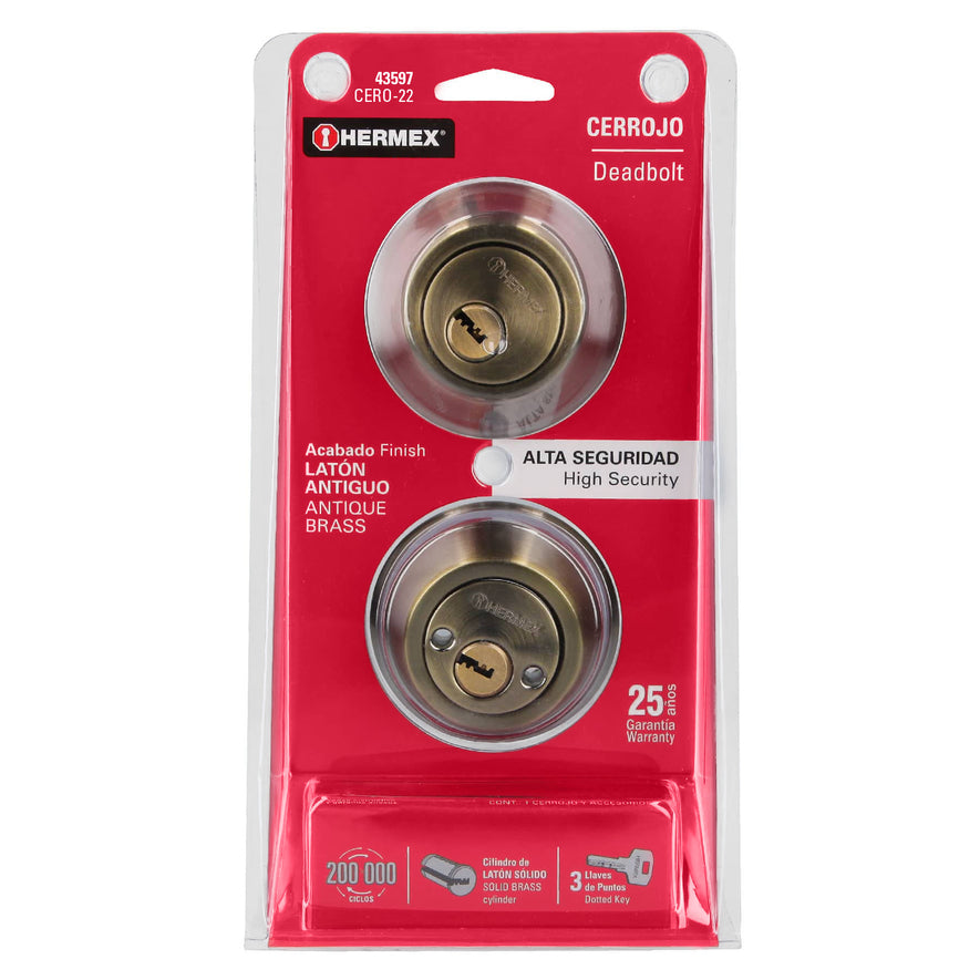 Cerrojo llave-llave latón antiguo, llave de puntos, Hermex Caja con 3, 43597