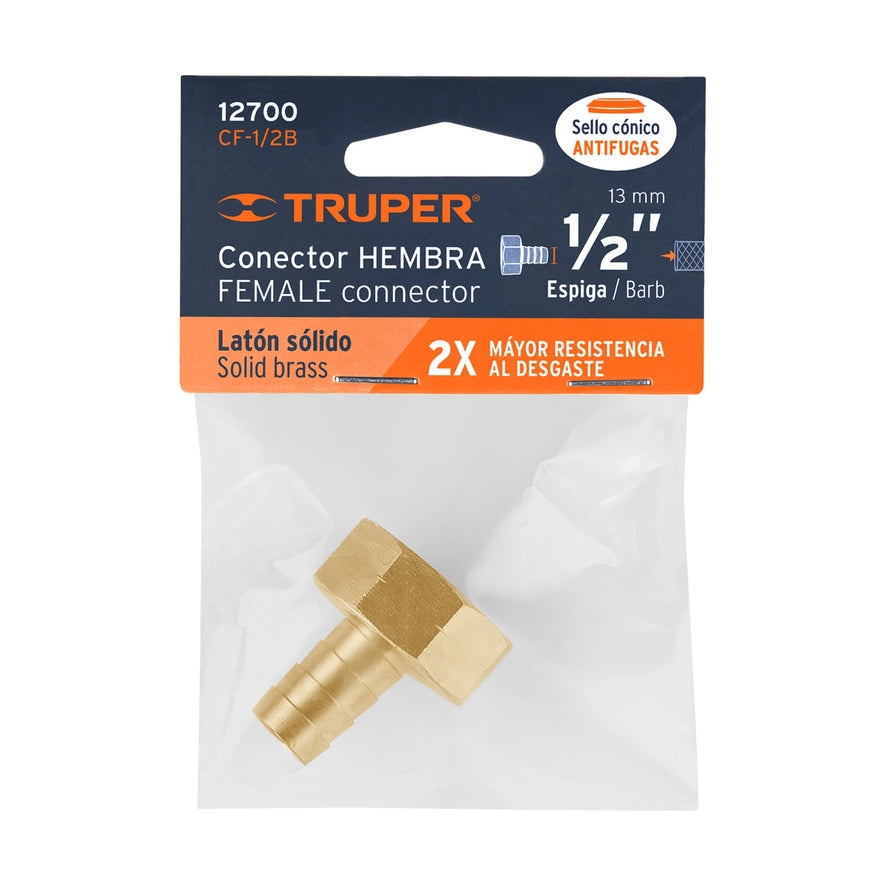 Conector 1/2' hembra de latón sólido para manguera, Truper Caja con 6, 12700