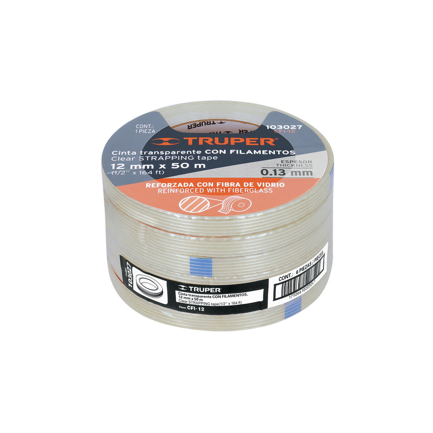 Cinta flejadora con filamentos 12mm x 50 m, transparente Caja con 6, 103027