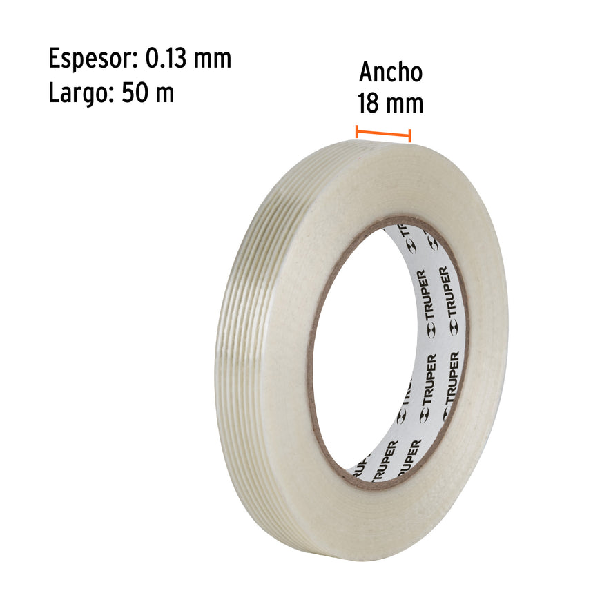 Cinta flejadora con filamentos 18mm x 50 m, transparente Caja con 6, 103028