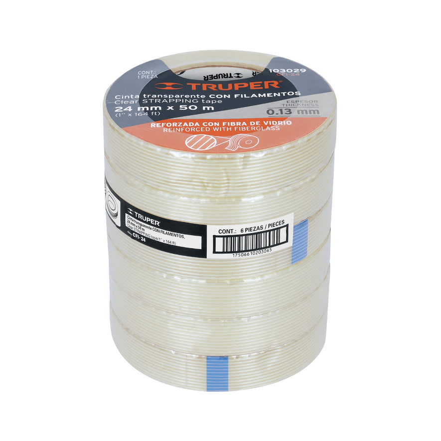 Cinta flejadora con filamentos 24mm x 50 m, transparente Caja con 6, 103029
