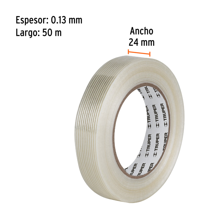 Cinta flejadora con filamentos 24mm x 50 m, transparente Caja con 6, 103029