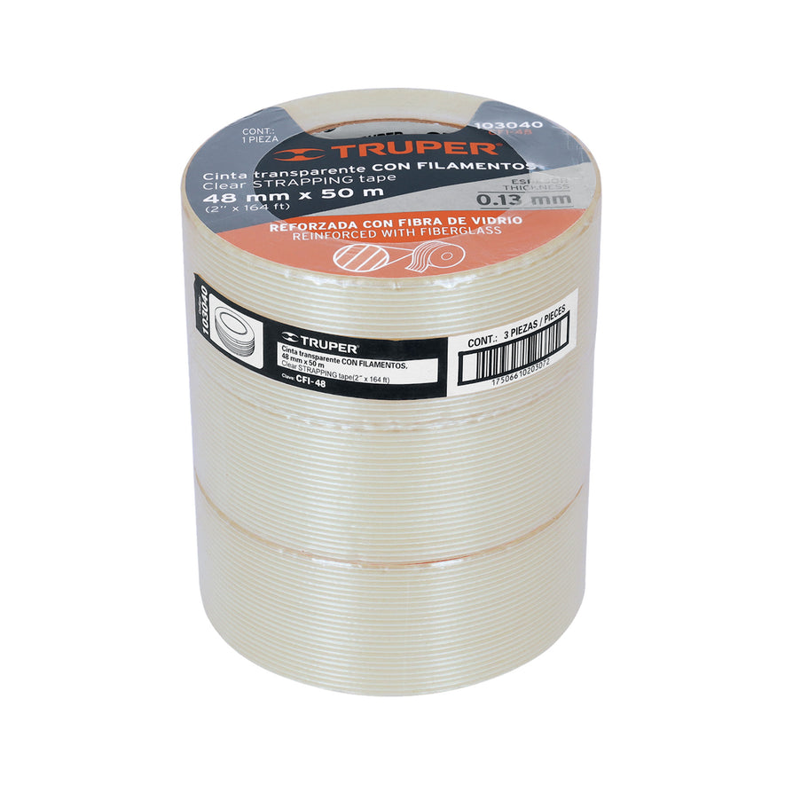 Cinta flejadora con filamentos 48mm x 50 m, transparente Caja con 3, 103040