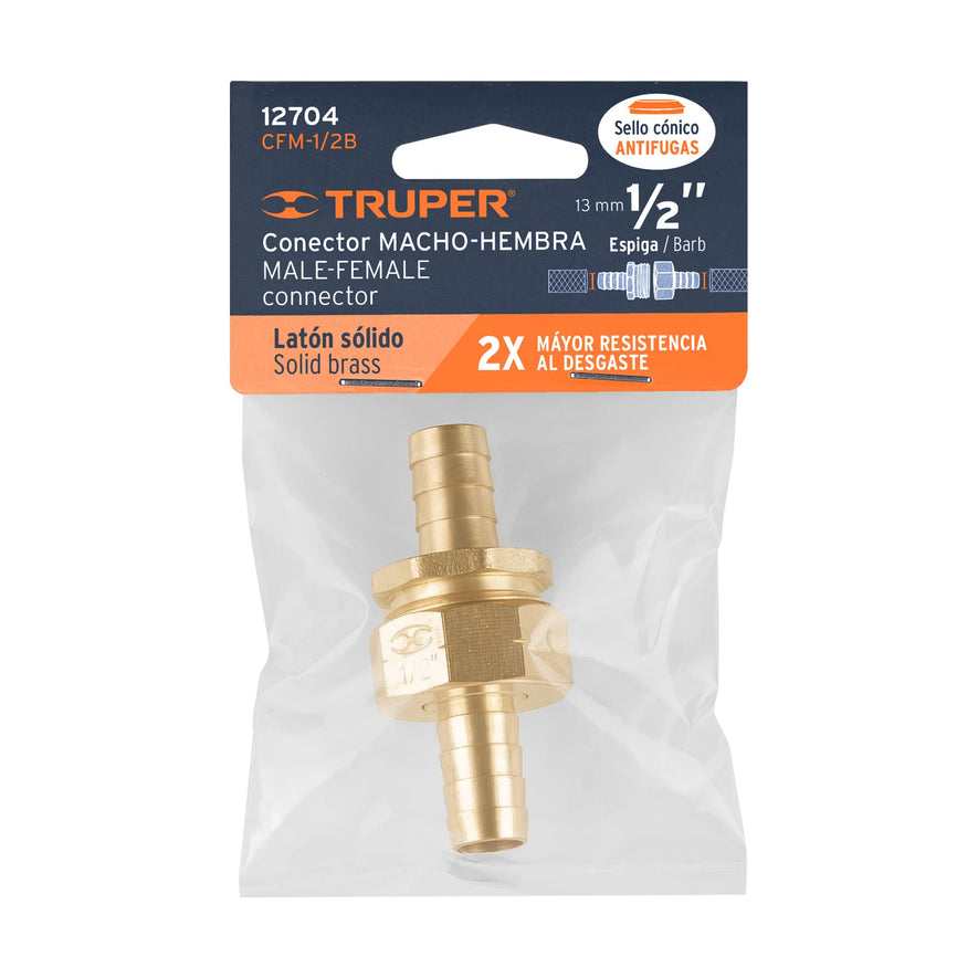 Conectores 1/2' macho y hembra de latón sólido para manguera Caja con 6, 12704