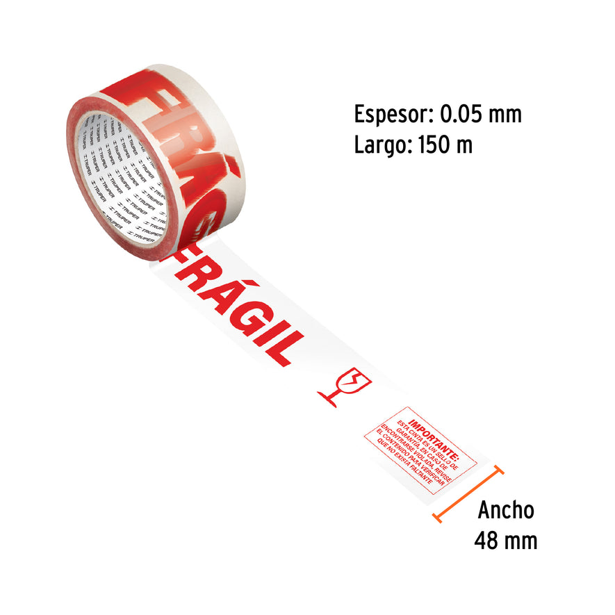 Cinta de empaque 48 mm x 150 m 'Frágil', Truper Caja con 6, 103041