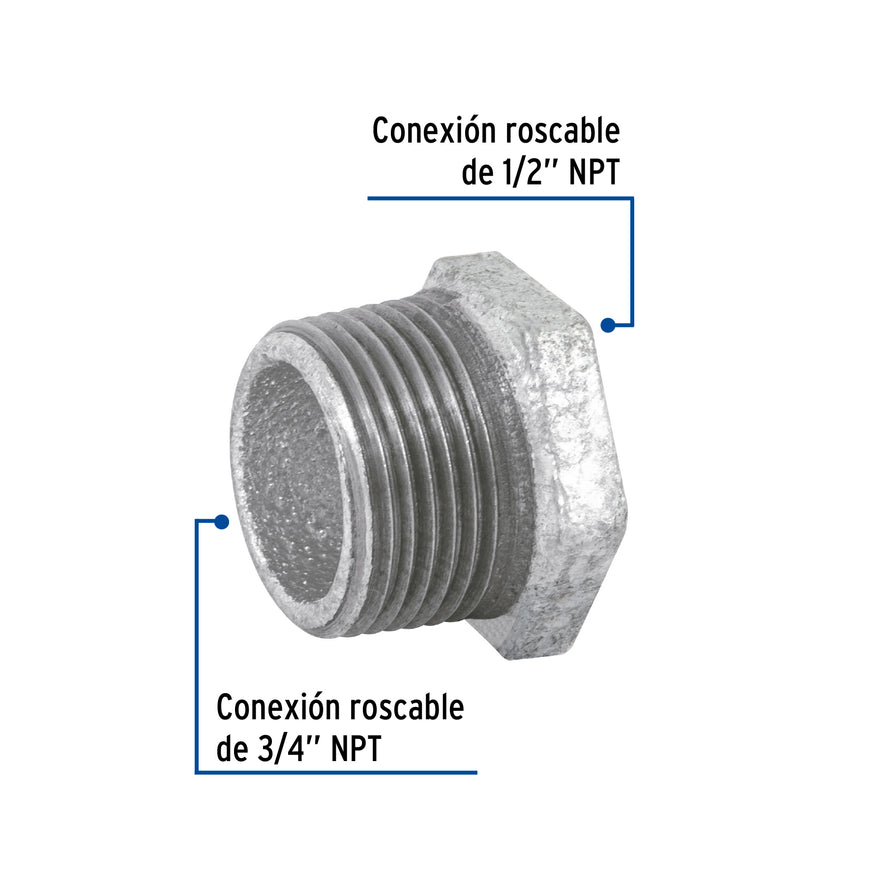 Reducción bushing acero galvanizado 3/4 x 1/2', Foset Caja con 10, 47503