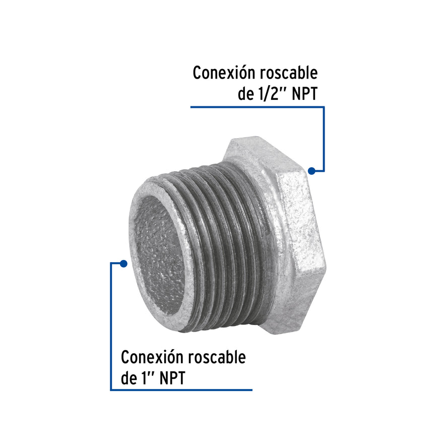Reducción bushing acero galvanizado 1'x1/2', Foset Caja con 10, 47504