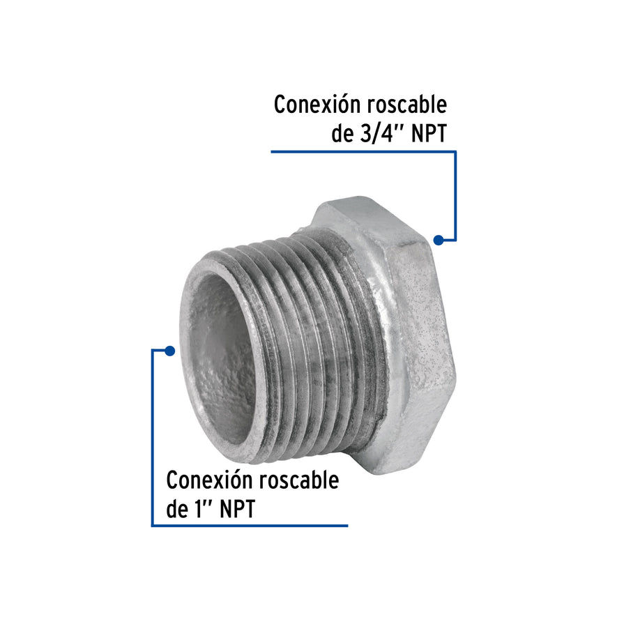 Reducción bushing acero galvanizado 1'x 3/4', Foset Caja con 10, 47505