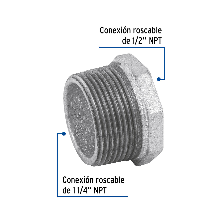 Reducción bushing acero galvanizado 1-1/4 x 1/2', Foset Caja con 4, 48774