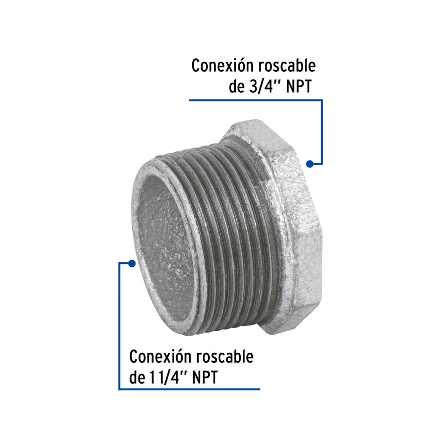 Reducción bushing acero galvanizado 1-1/4 x 3/4', Foset Caja con 4, 48775