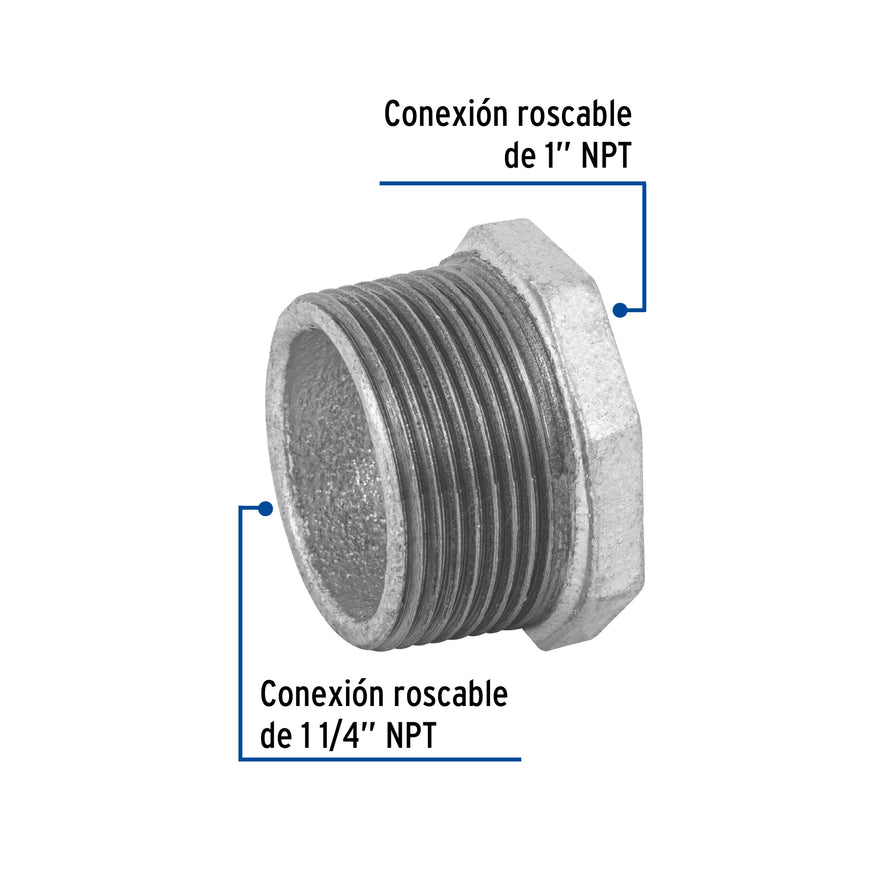 Reducción bushing acero galvanizado 1-1/4 x 1', Foset Caja con 4, 48776