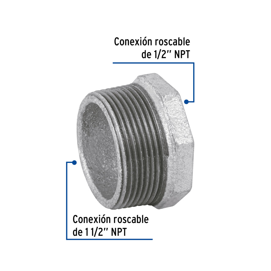 Reducción bushing acero galvanizado 1-1/2 x 1/2', Foset Caja con 4, 48777