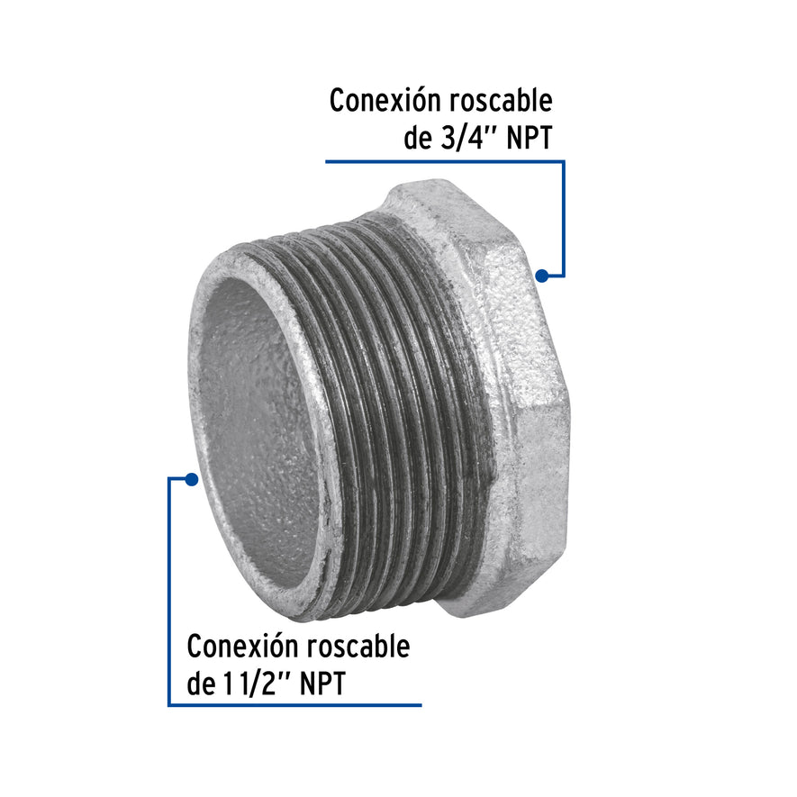 Reducción bushing acero galvanizado 1-1/2 x 3/4', Foset Caja con 4, 48778