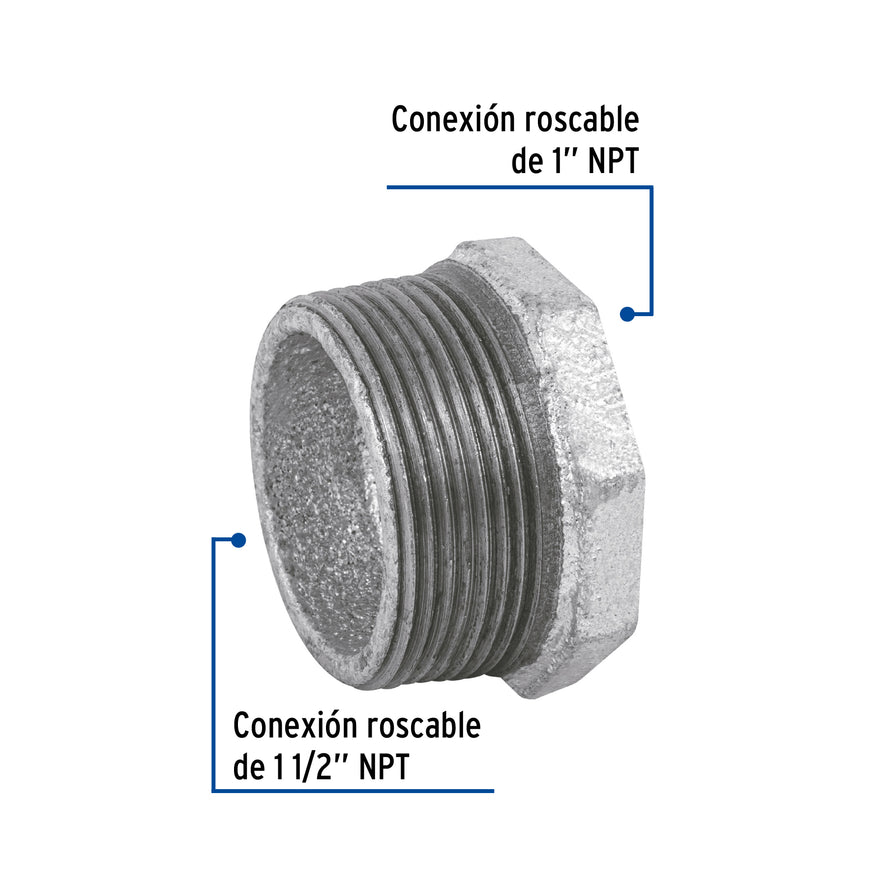 Reducción bushing acero galvanizado 1-1/2 x 1', Foset Caja con 4, 48779