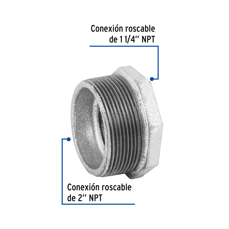 Reducción bushing acero galvanizado 2 x 1-1/4', Foset Caja con 4, 48781