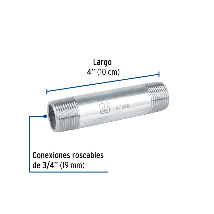Niple de acero galvanizado 3/4' x 4', Foset Caja con 10, 47528