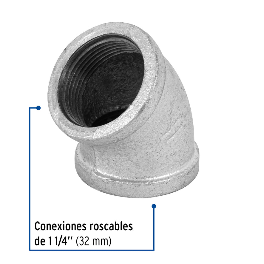 Codo 45° acero galvanizado de 1-1/4', Foset Caja con 4, 48752