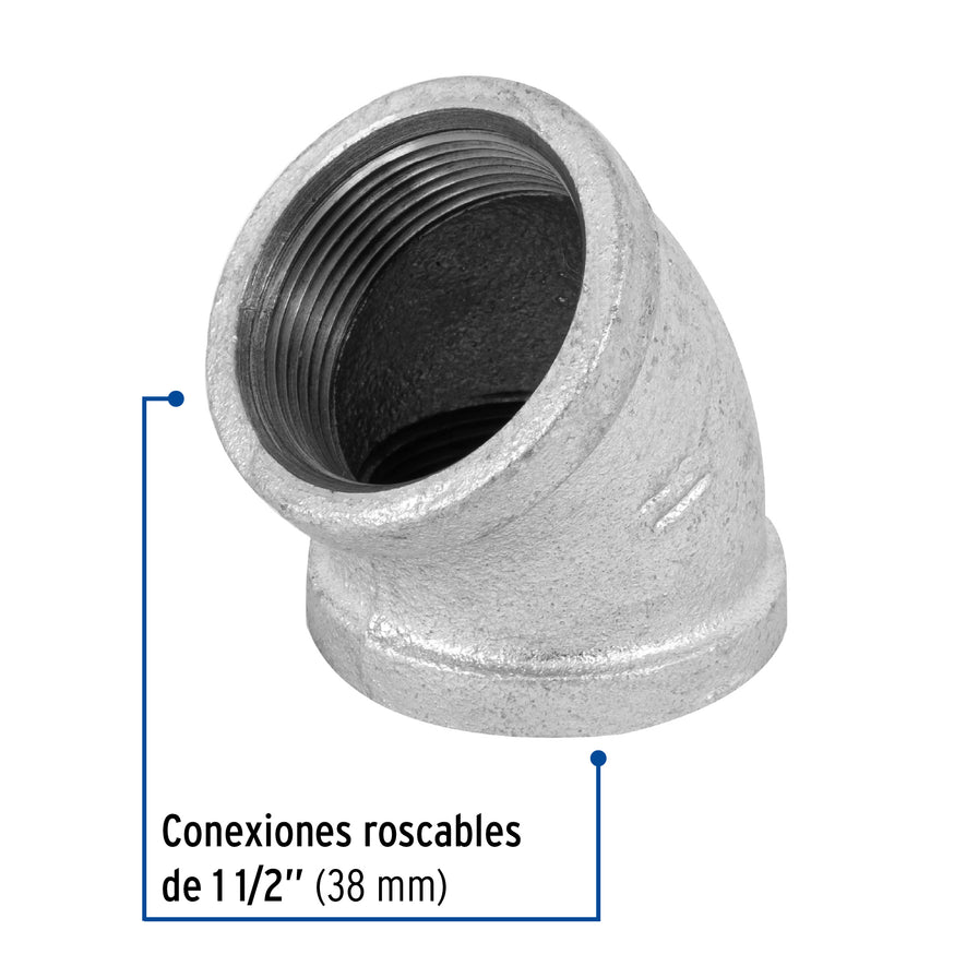 Codo 45° acero galvanizado de 1-1/2', Foset Caja con 4, 48753