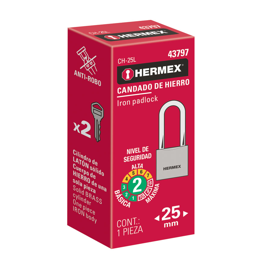 Candado de hierro 25 mm gancho largo en caja, Hermex Caja con 6, 43797