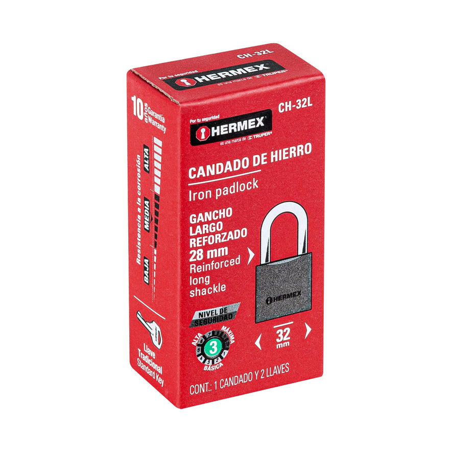 Candado de hierro 32 mm gancho largo en caja, Hermex Caja con 6, 43793