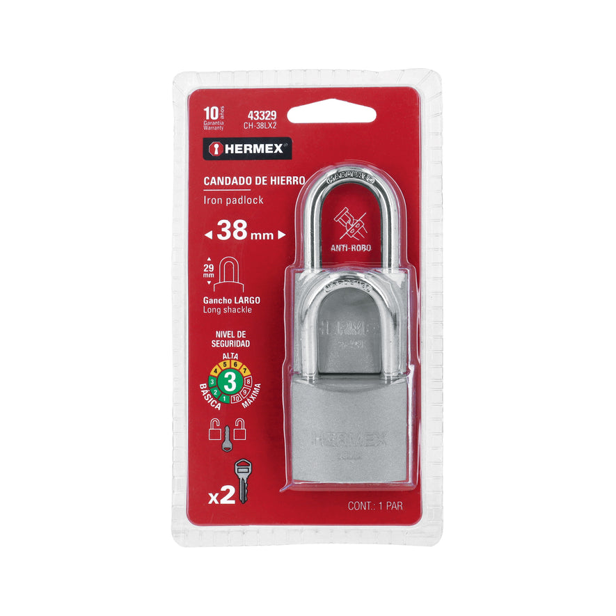 Blíster con 2 candados de hierro de 38mm con gancho largo Caja con 3, 43329