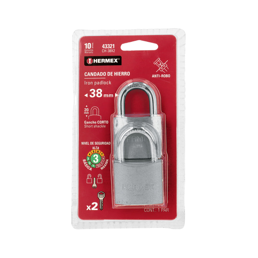 Blíster con 2 candados de hierro de 38mm con gancho corto Caja con 3, 43321
