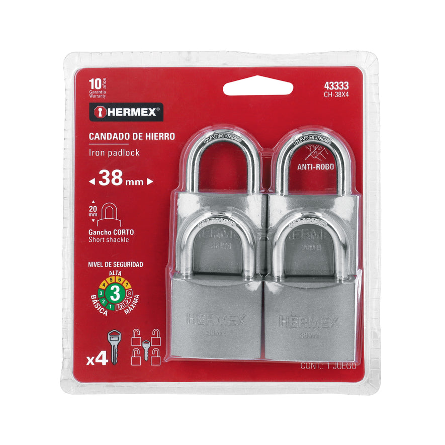 Blíster con 4 candados de hierro de 38mm con gancho corto Caja con 3, 43333