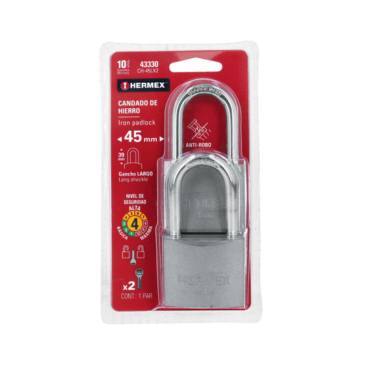 Blíster con 2 candados de hierro de 45mm con gancho largo Caja con 3, 43330