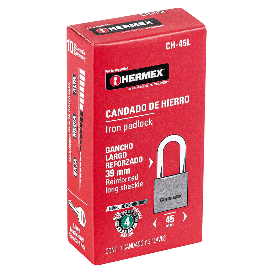 Candado de hierro 45 mm gancho largo en caja, Hermex Caja con 6, 43324