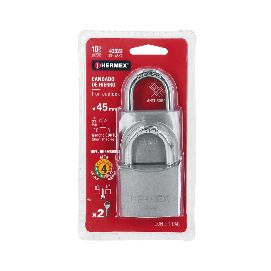 Blíster con 2 candados de hierro de 45mm con gancho corto Caja con 3, 43322