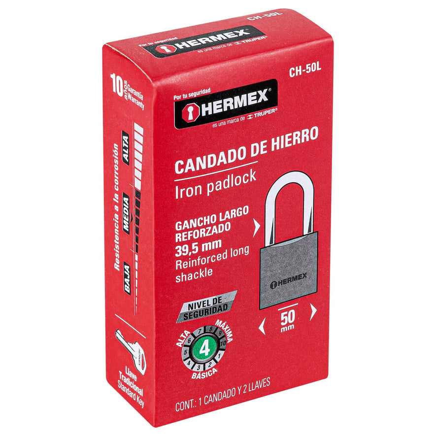 Candado de hierro 50 mm gancho largo en caja, Hermex Caja con 6, 43325