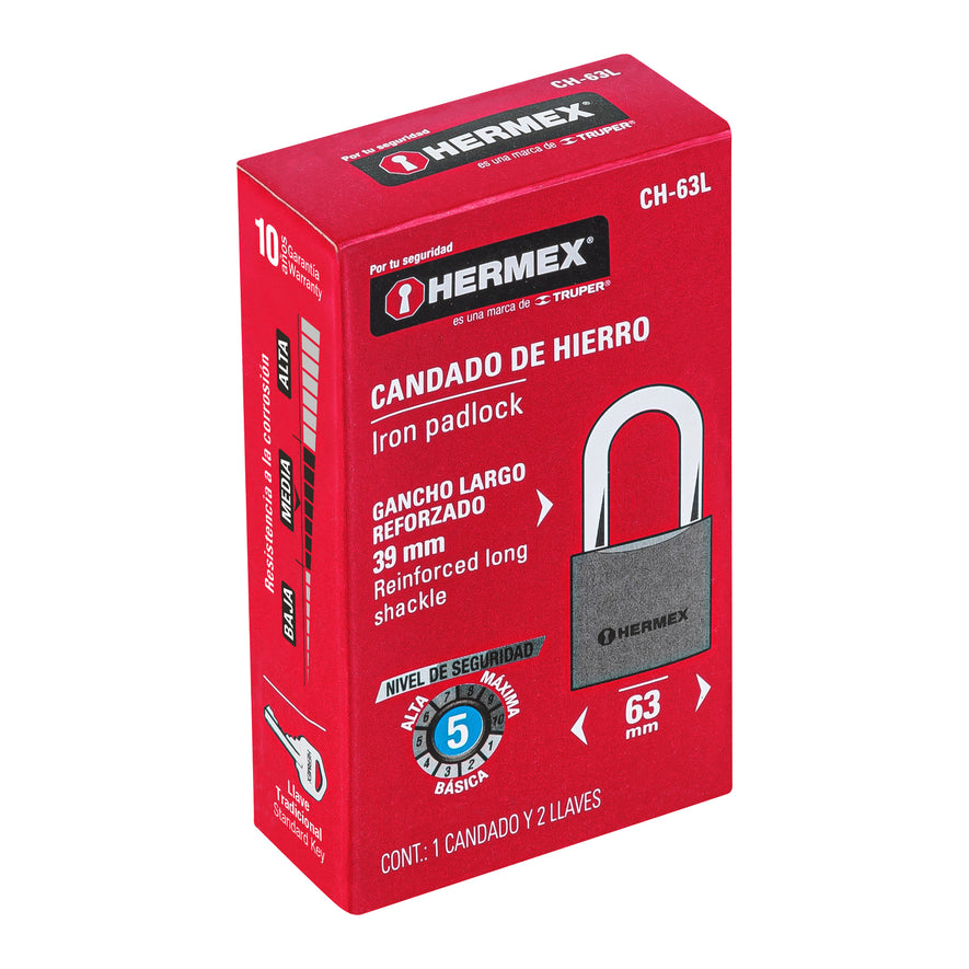 Candado de hierro 63 mm gancho largo en caja, Hermex Caja con 6, 43802