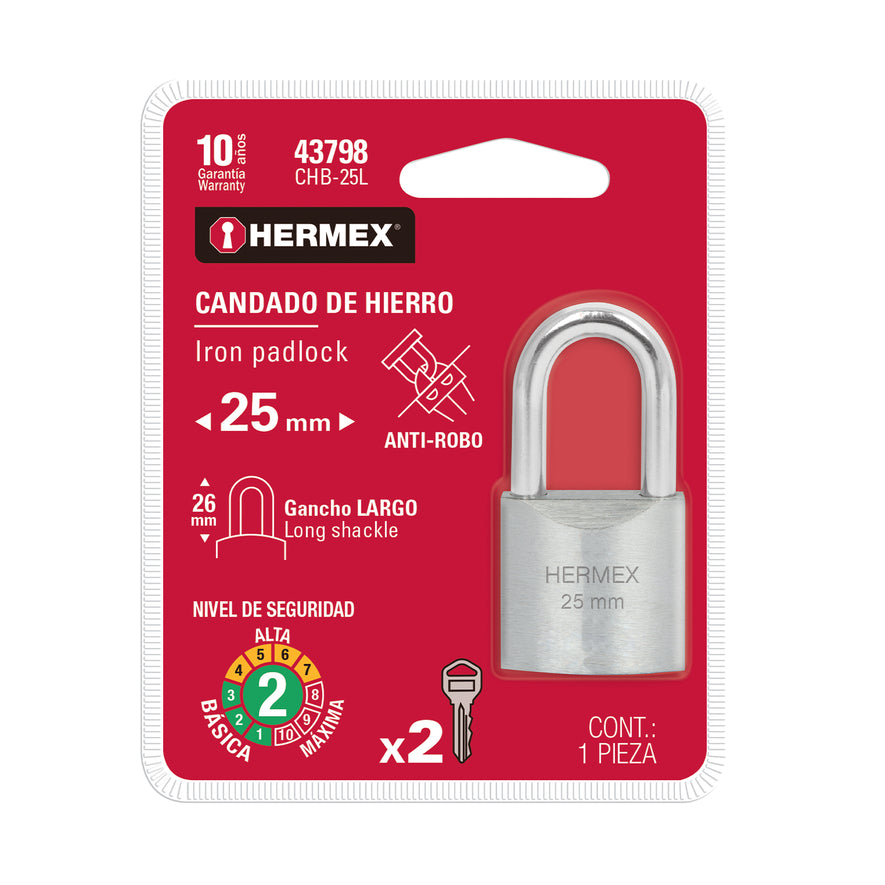 Candado de hierro 25 mm gancho largo en blíster, Hermex Caja con 6, 43798