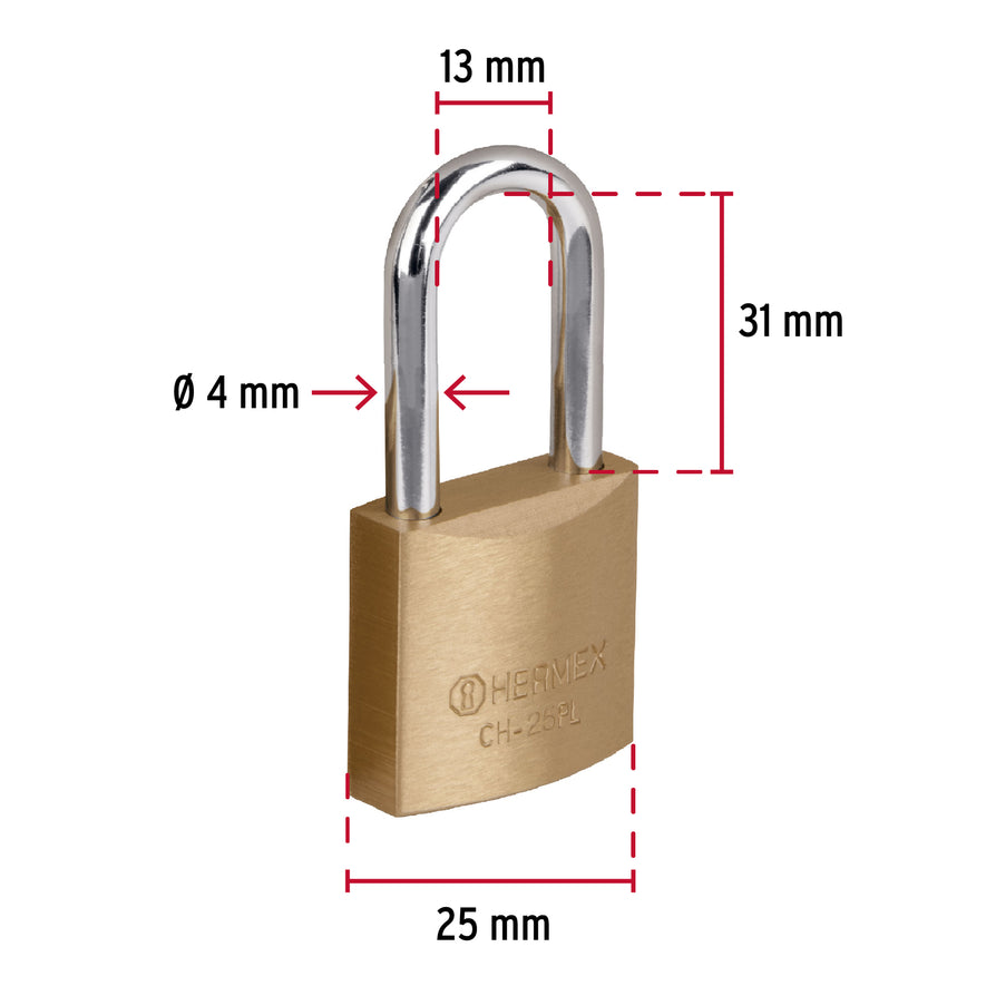 Candado de hierro color latón 25 mm, largo, blíster, BASIC Caja con 6, 27074