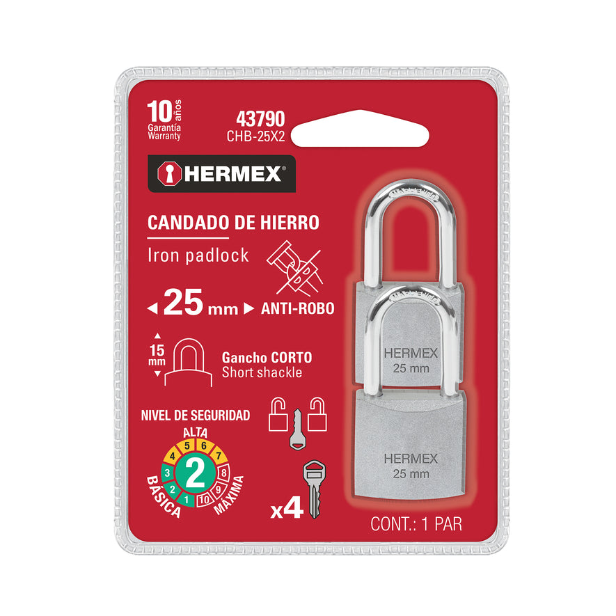 Blíster con 2 candados de hierro de 25mm con gancho corto Caja con 6, 43790