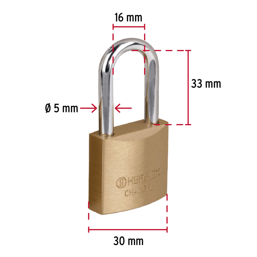 Candado de hierro color latón 30 mm, largo, blíster, BASIC Caja con 6, 27075