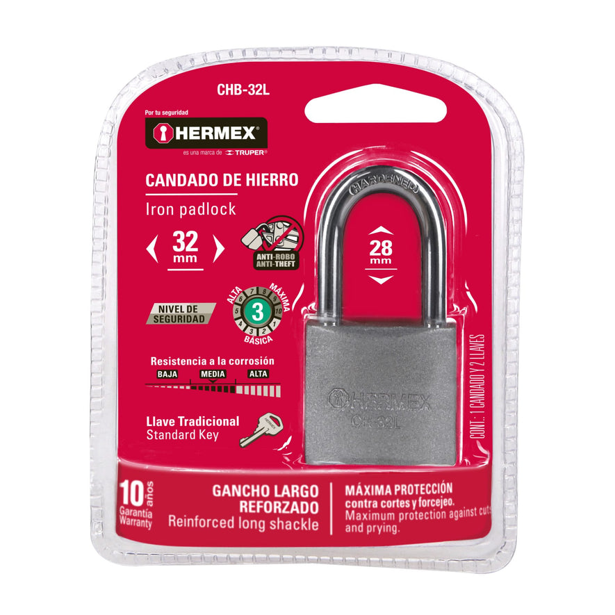 Candado de hierro 32 mm gancho largo en blíster, Hermex Caja con 6, 43794